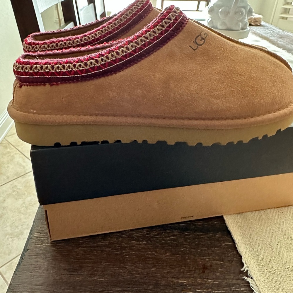 UGG Tasman Tan and Red Suede Slippers